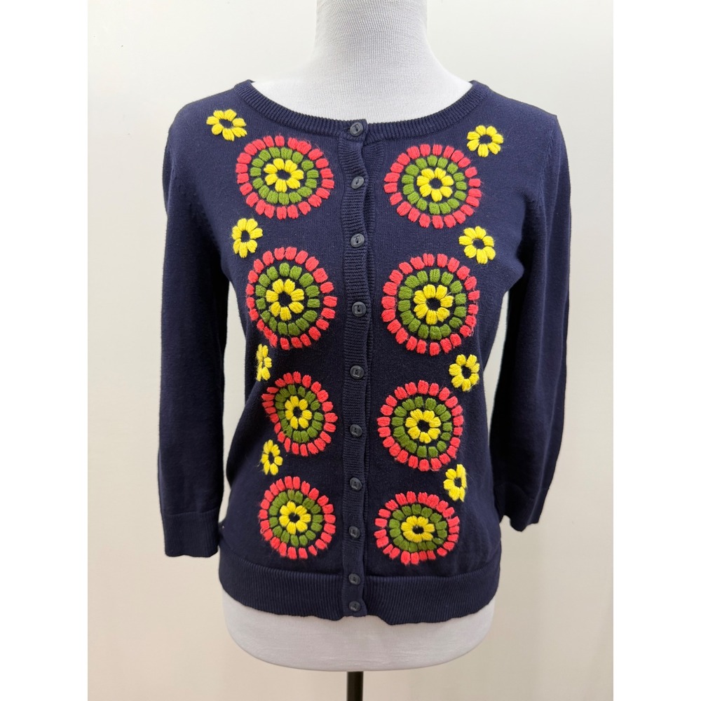 Anthropologie Tabitha Navy Blue Floral Embroidered Cardigan Sweater Womens Small